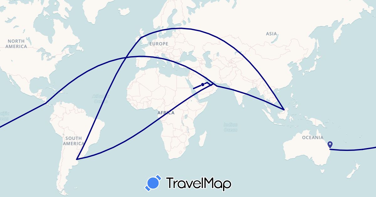 TravelMap itinerary: driving in United Arab Emirates, Argentina, Australia, Bahrain, Brunei, Costa Rica, Isle of Man, Oman, Saudi Arabia (Asia, Europe, North America, Oceania, South America)